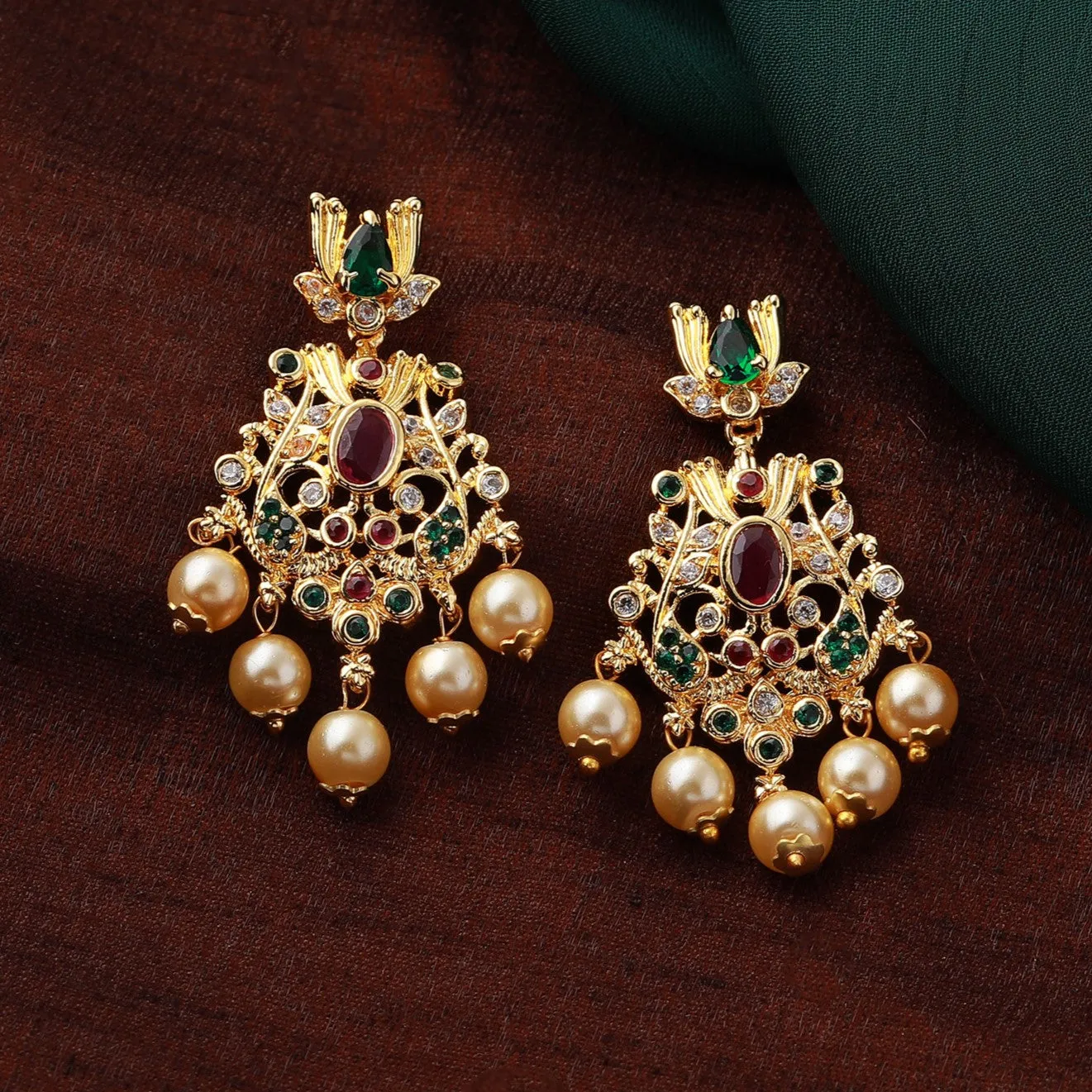 Estele Gold Plated CZ Magnificent Designer Earrings with Pearls for Women