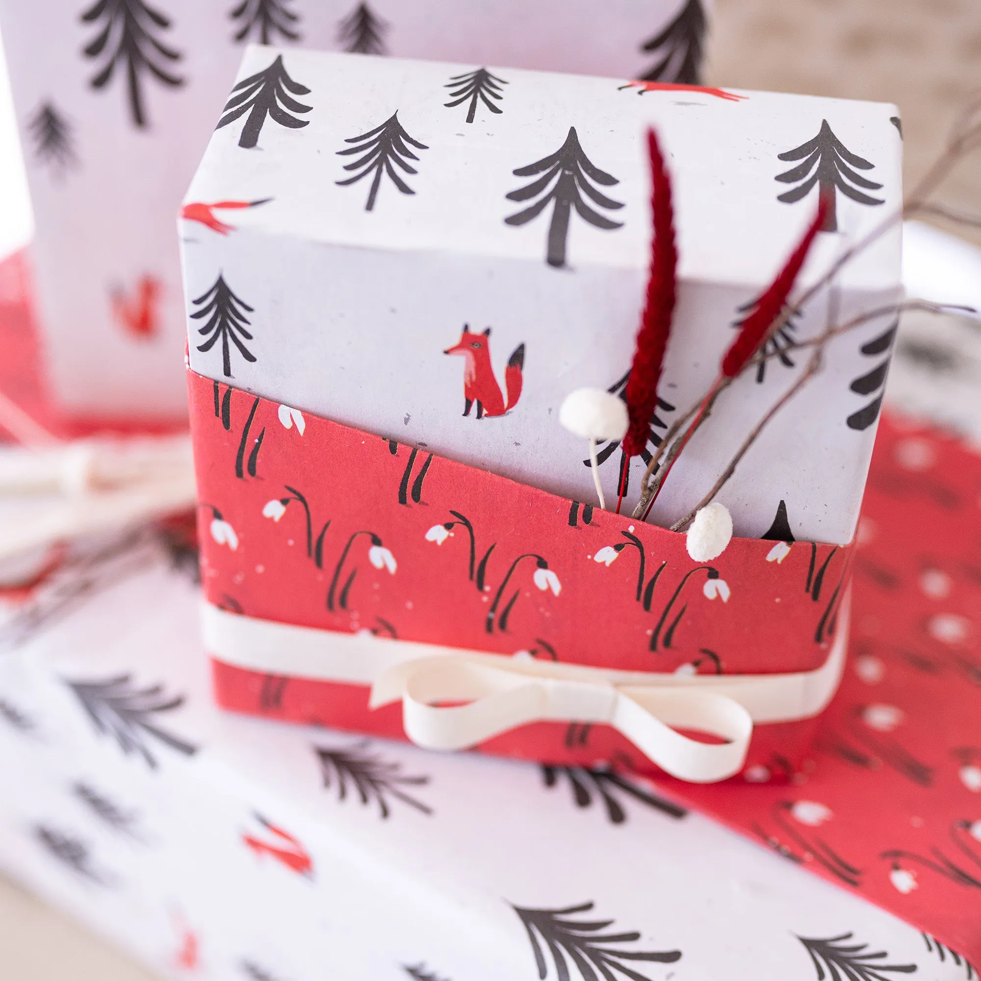 Fox Forest & Snowdrops /  Winter Holiday Gift Wrap Set