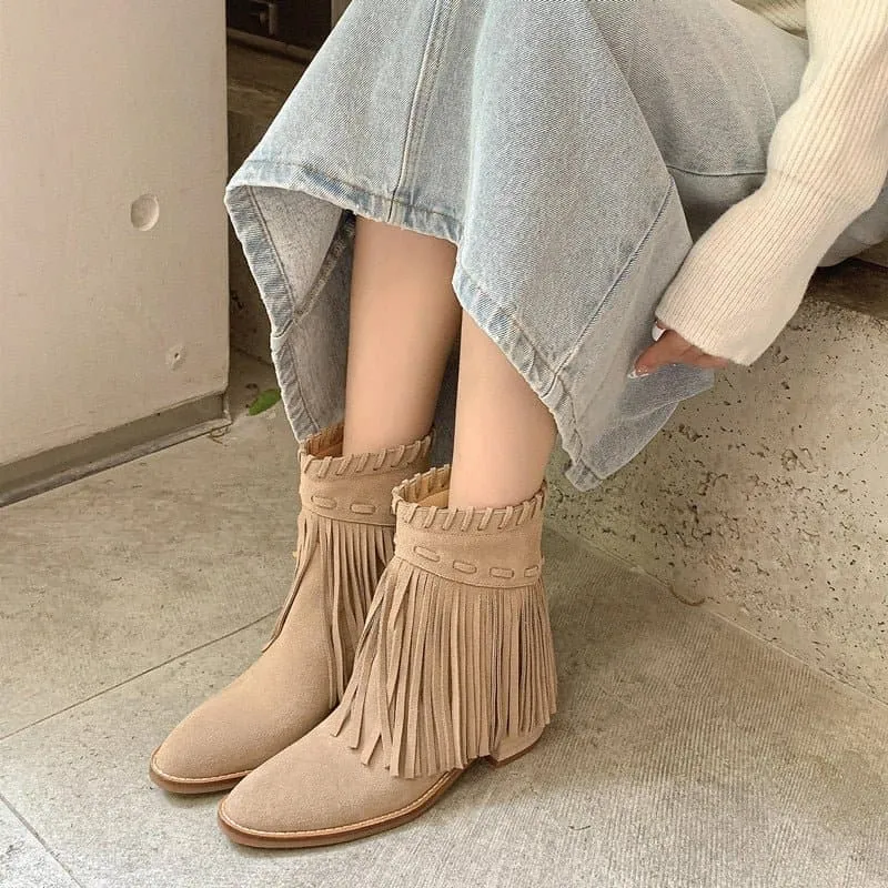 Fringe Leather Ankle Boots with Fringe Detail & Cushioned Insole