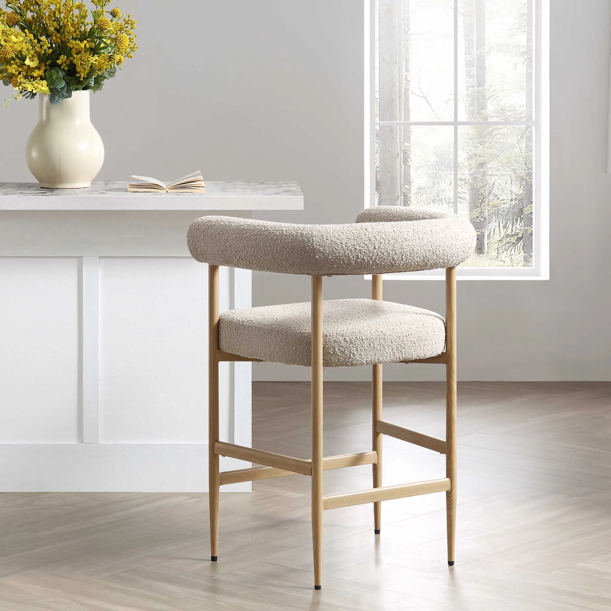 Fulbourn Taupe Boucle Counter Stool with Natural Wood Effect Legs