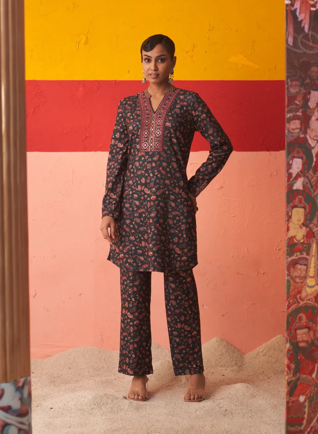 Green Printed Woollen Kurta Set for Women with Sequin Work