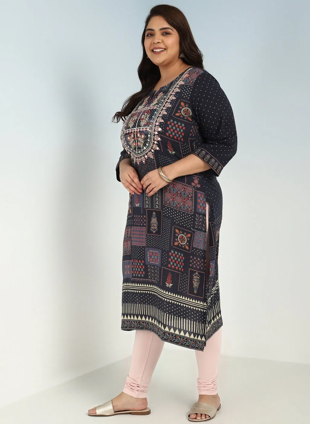 Grey Printed Embroidered Kurta with Embellished Front Yoke