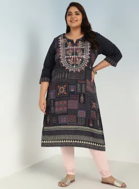 Grey Printed Embroidered Kurta with Embellished Front Yoke