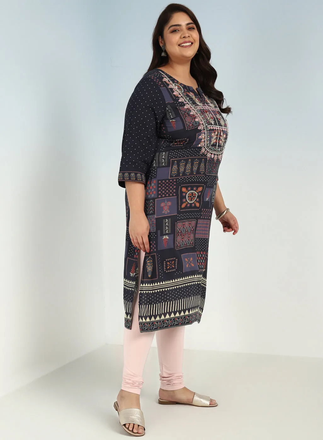 Grey Printed Embroidered Kurta with Embellished Front Yoke