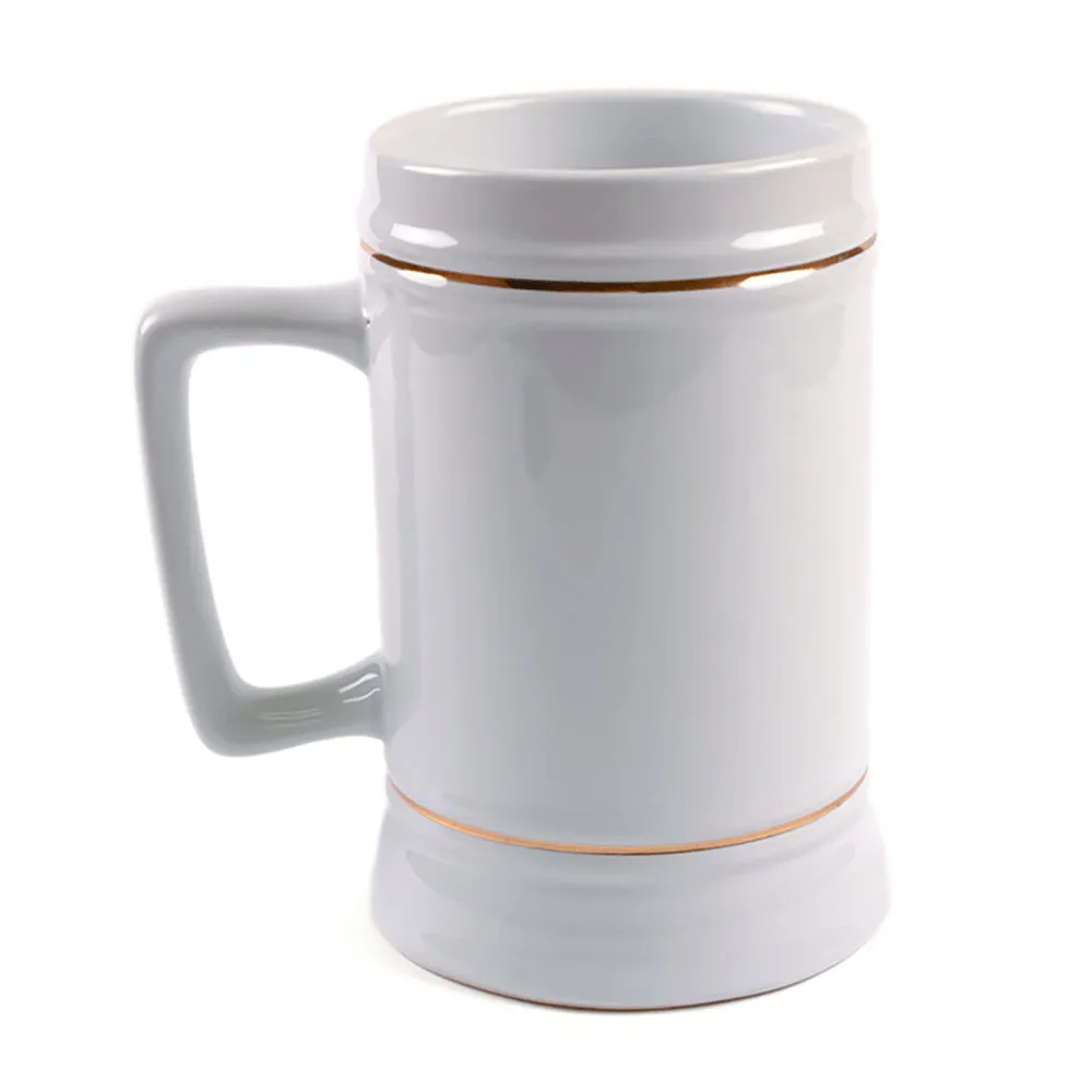 HPN ORCA Premium 22 oz. D-Handle Sublimation Ceramic Beer Stein with Gold Trim - 18 per Case