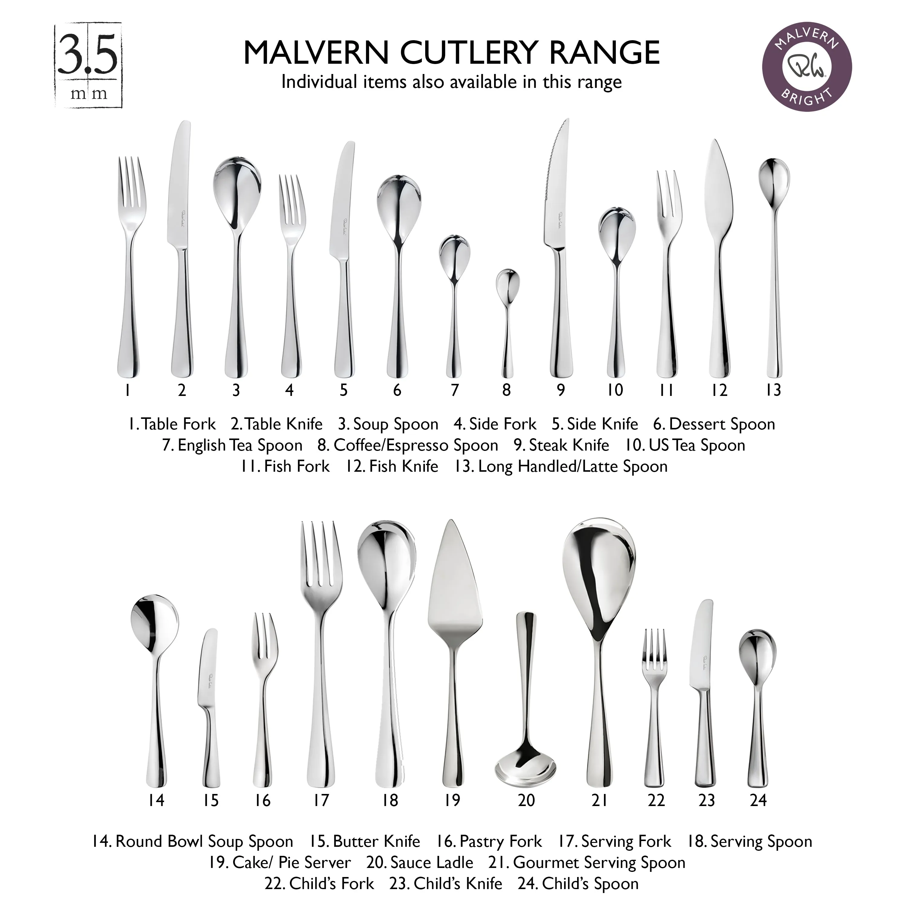 Malvern Bright Cutlery Set, 24 Piece for 6 People