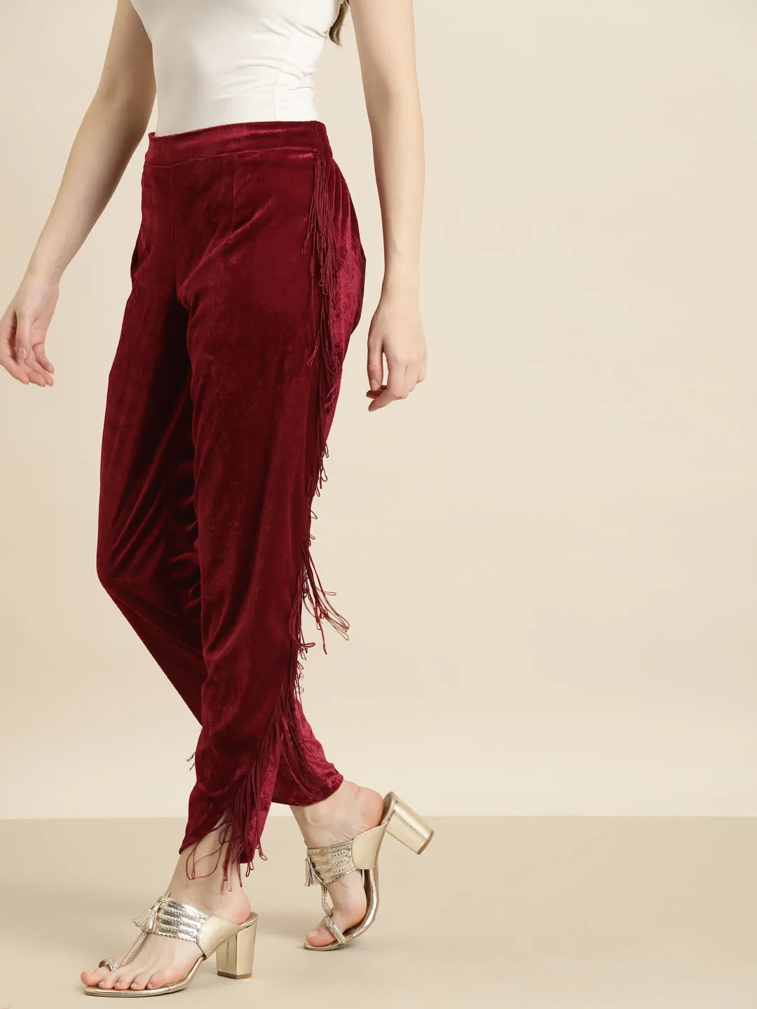 Maroon Velvet Fringe Lace Tulip Pants