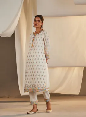 Mulmul Cotton Denise Off White Kurta With Denise Off White Pant