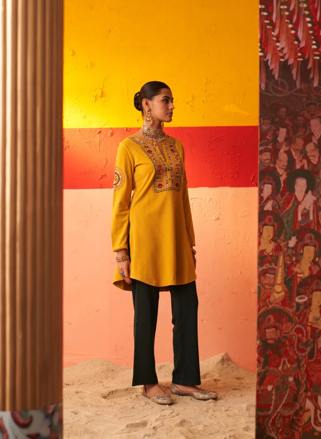 Mustard Embroidered Woollen Kurti for Women with Mirror Work