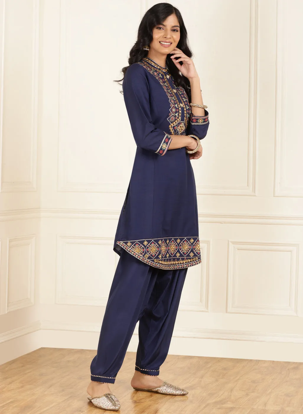 Navy Blue Embroidered Party Wear Kurta Set with Mirror Work