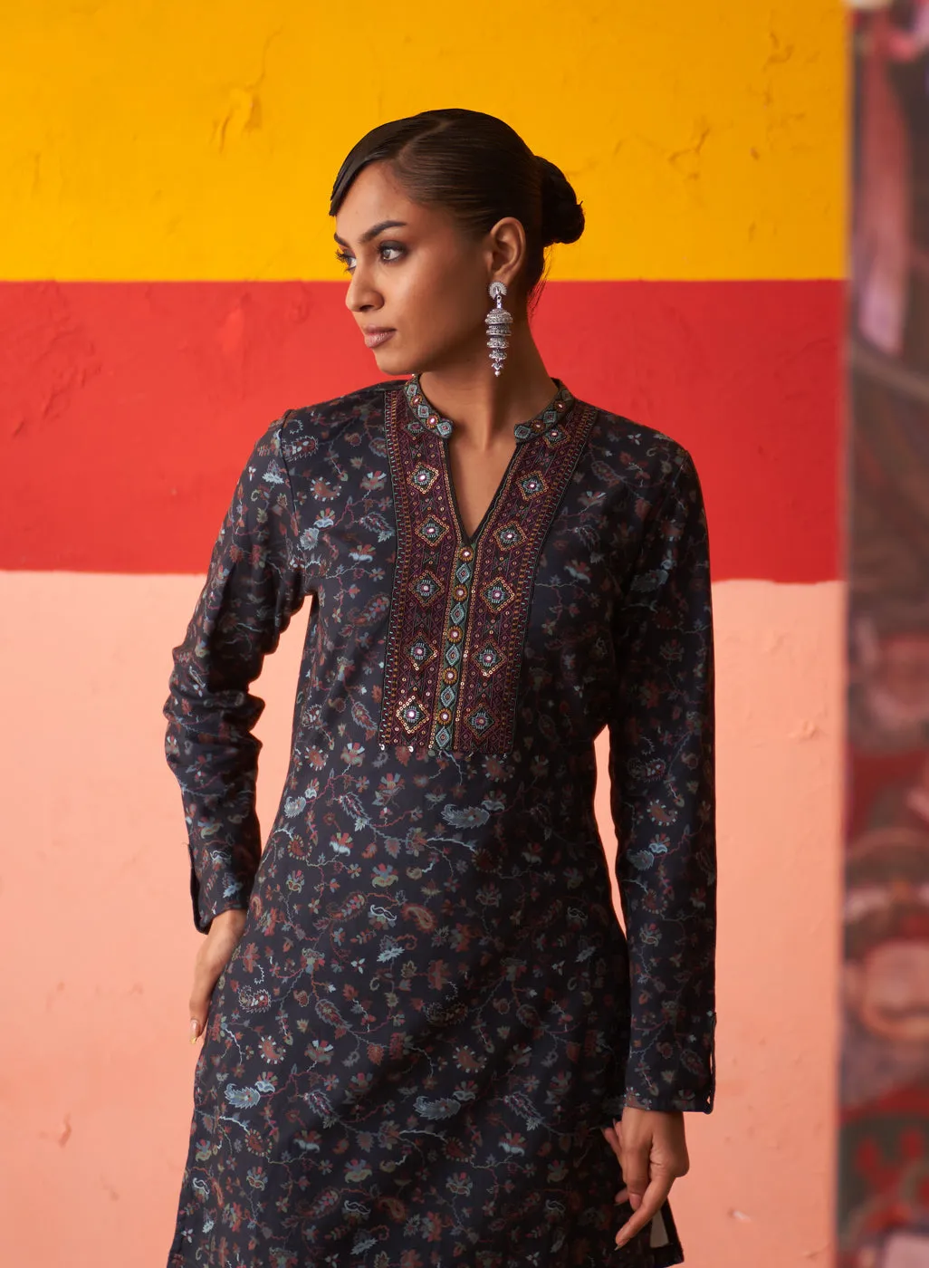 Navy Blue Printed Woollen Kurta Set for Women with Sequin Work