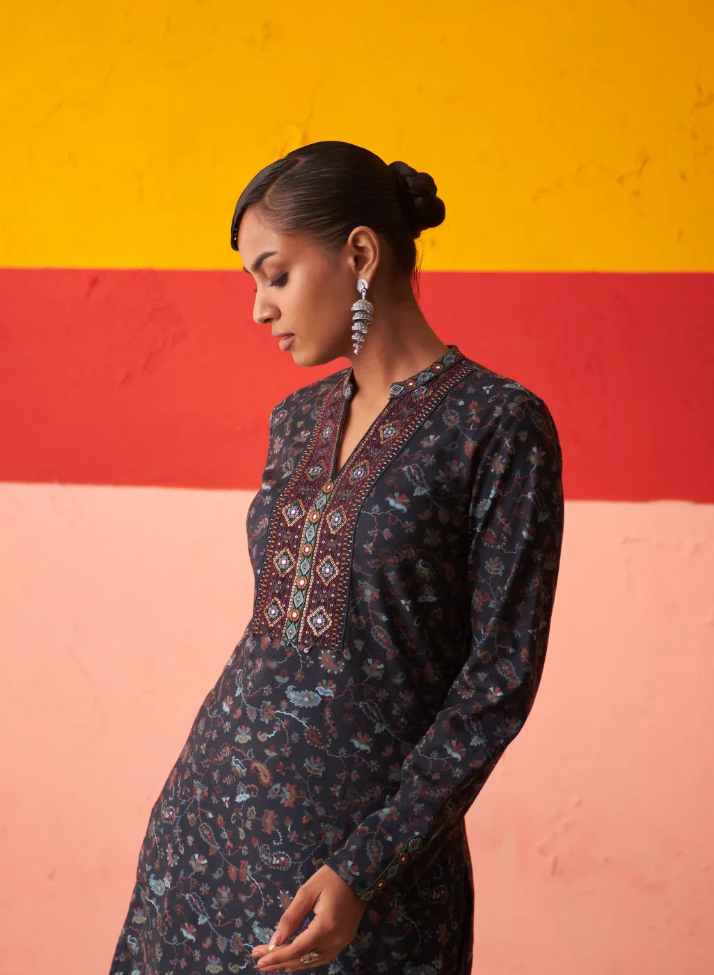 Navy Blue Printed Woollen Kurta Set for Women with Sequin Work