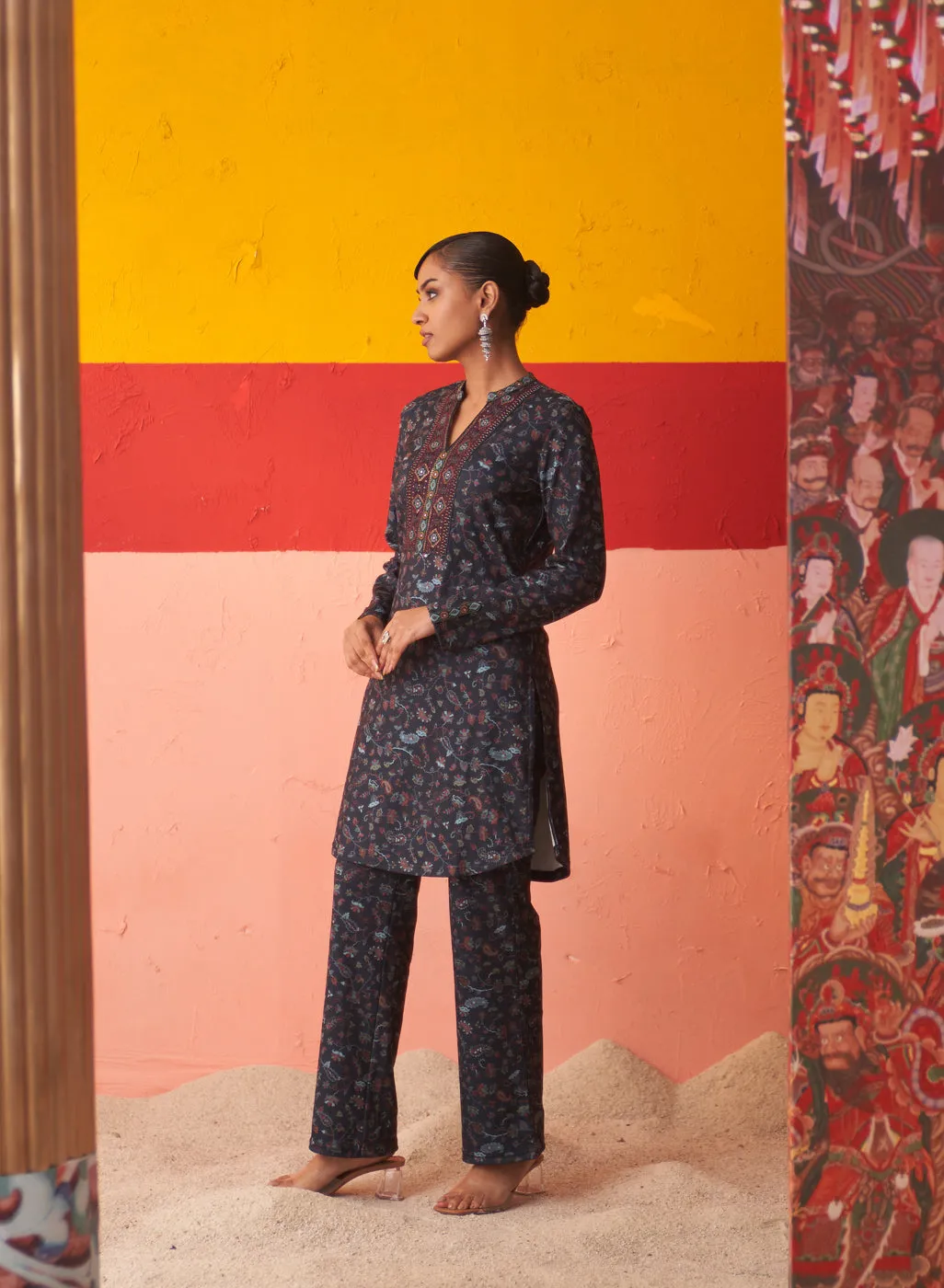 Navy Blue Printed Woollen Kurta Set for Women with Sequin Work