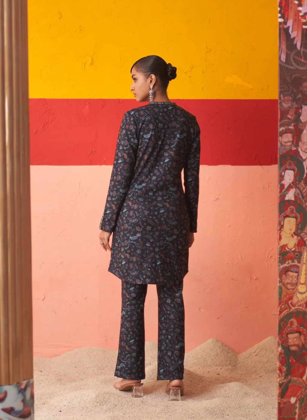 Navy Blue Printed Woollen Kurta Set for Women with Sequin Work