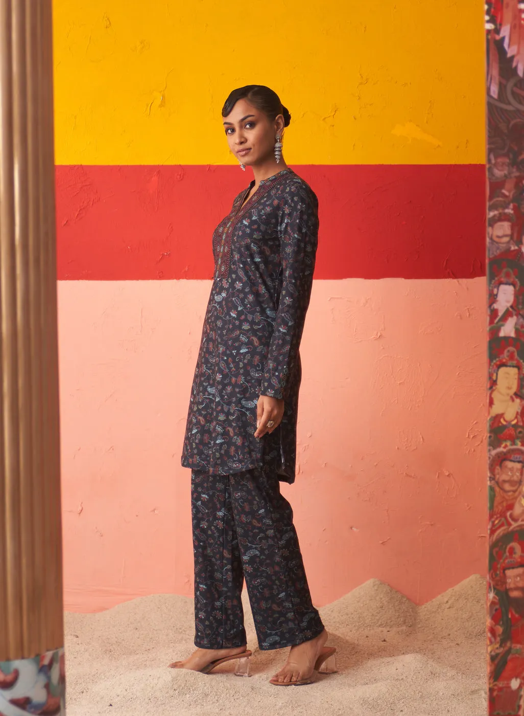 Navy Blue Printed Woollen Kurta Set for Women with Sequin Work