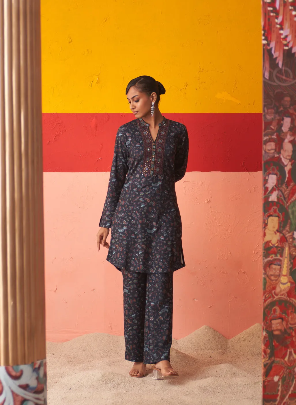 Navy Blue Printed Woollen Kurta Set for Women with Sequin Work