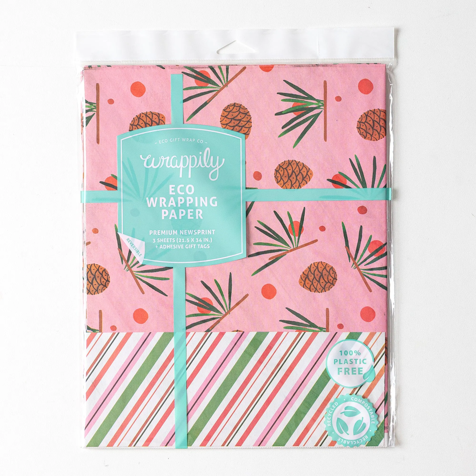 Pink Pinecone & Candy Cane Stripes /  Winter Holiday Gift Wrap Set