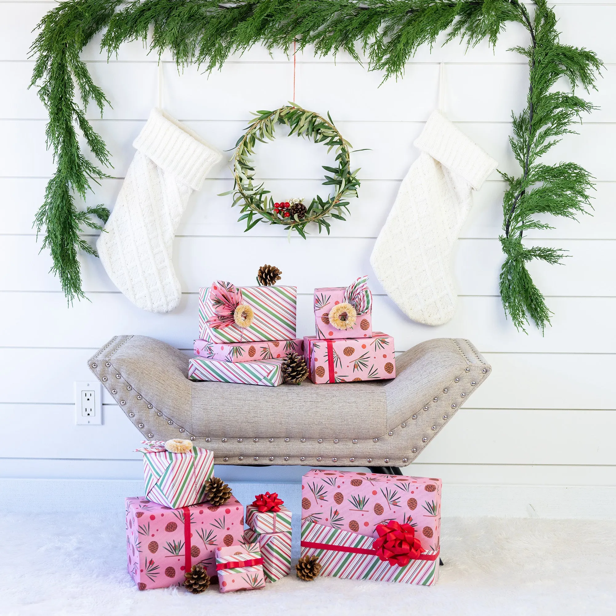 Pink Pinecone & Candy Cane Stripes /  Winter Holiday Gift Wrap Set