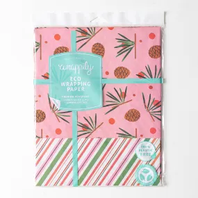 Pink Pinecone & Candy Cane Stripes /  Winter Holiday Gift Wrap Set