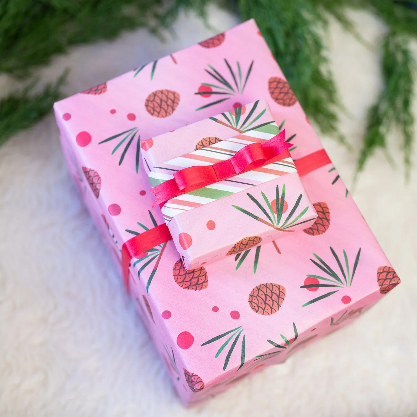 Pink Pinecone & Candy Cane Stripes /  Winter Holiday Gift Wrap Set