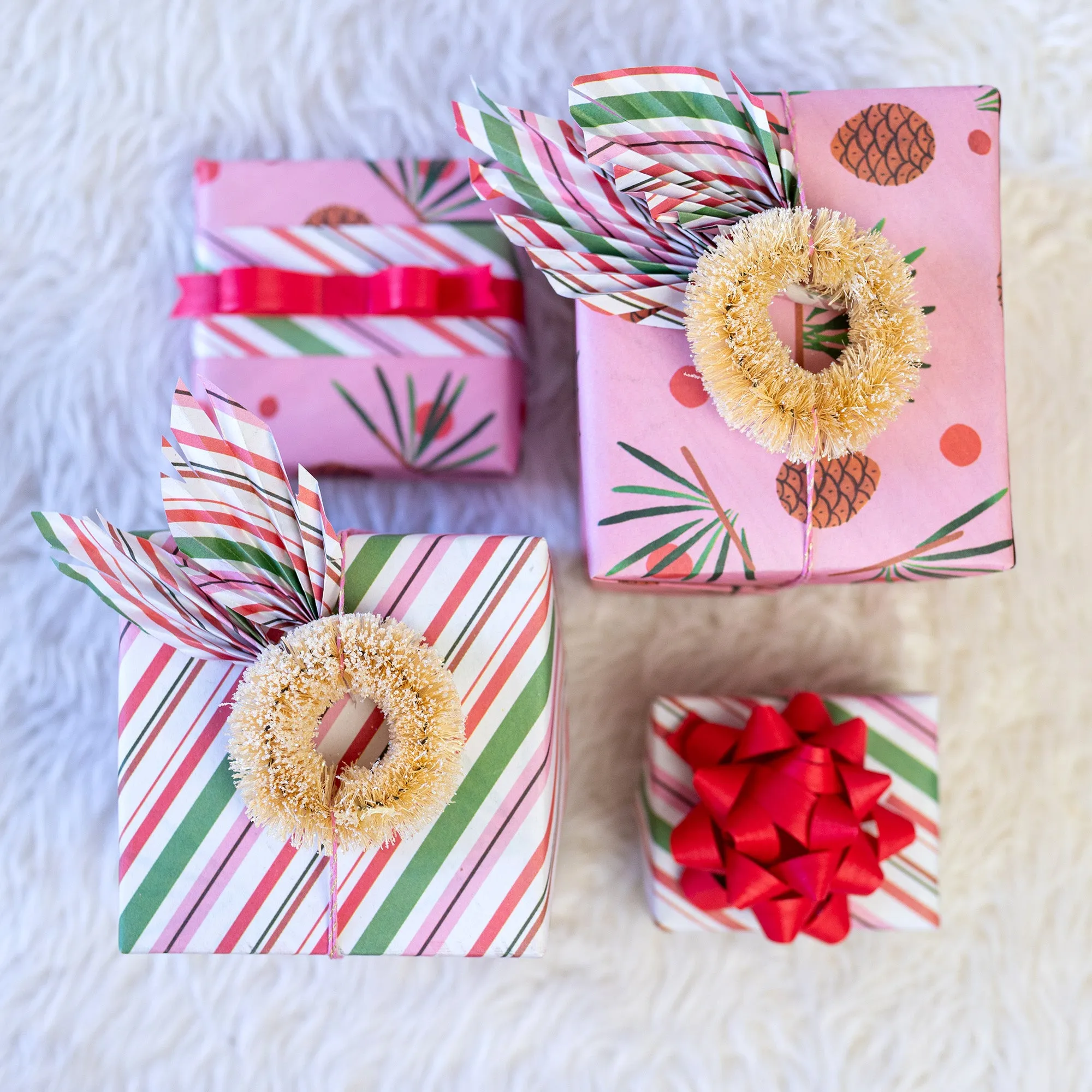 Pink Pinecone & Candy Cane Stripes /  Winter Holiday Gift Wrap Set