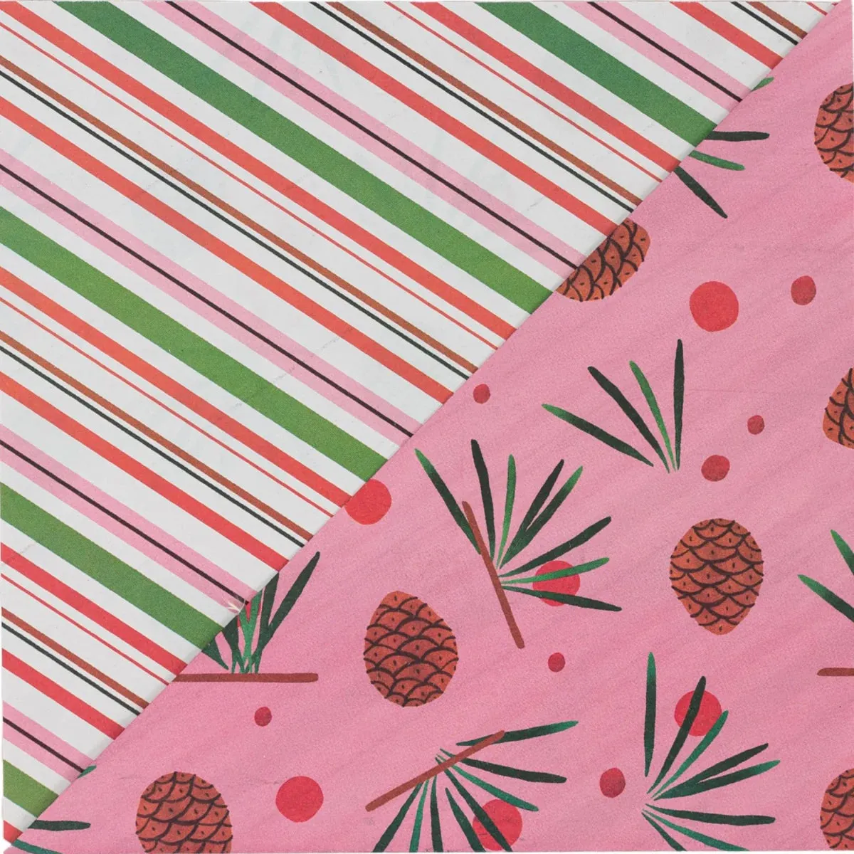 Pink Pinecone & Candy Cane Stripes /  Winter Holiday Gift Wrap Set