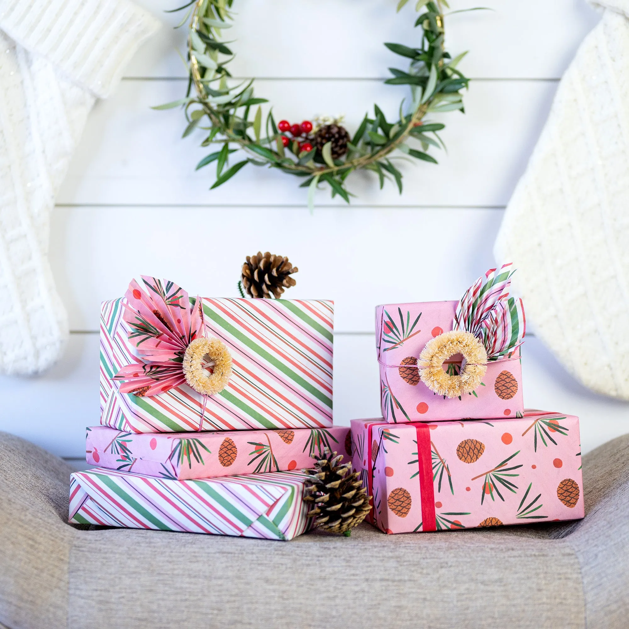 Pink Pinecone & Candy Cane Stripes /  Winter Holiday Gift Wrap Set