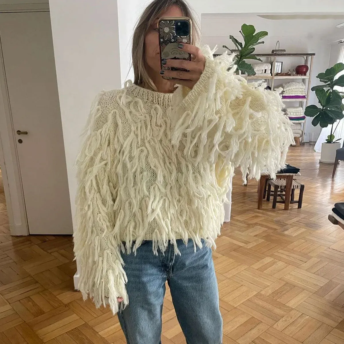 Playful Knit Crew Neck Drop Shoulder Long Sleeve Fringe Sweater