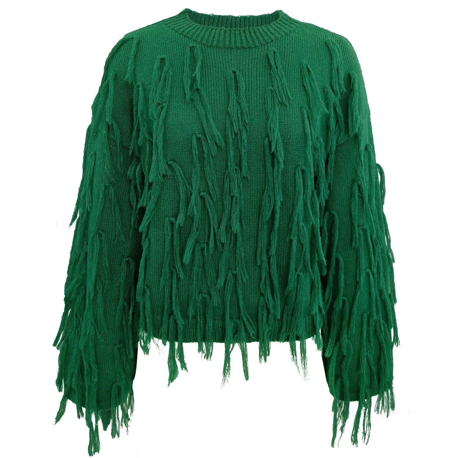 Playful Knit Crew Neck Drop Shoulder Long Sleeve Fringe Sweater