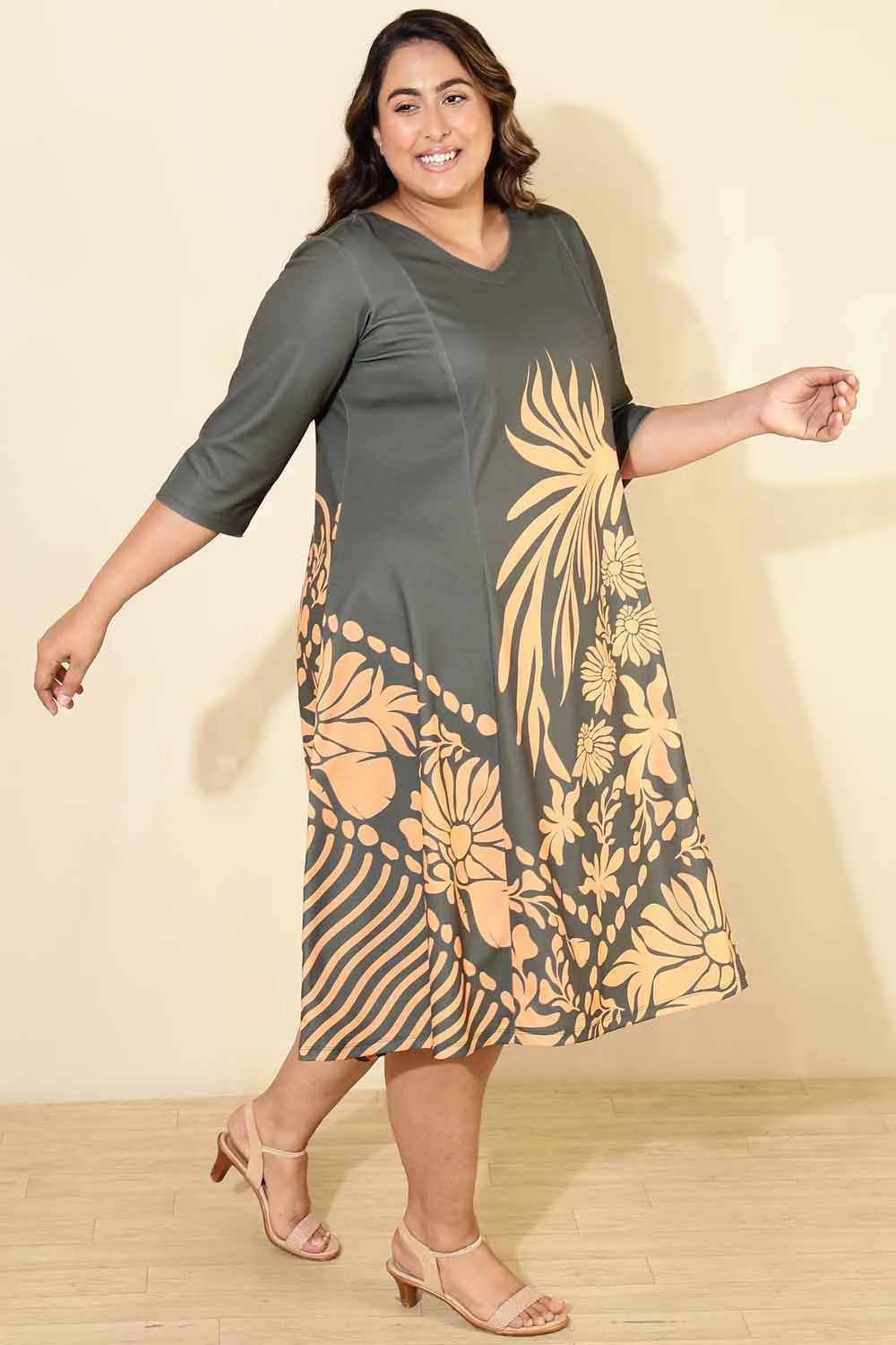 Plus Size Beige Green Ethnic Print A line Dress