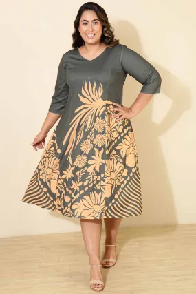 Plus Size Beige Green Ethnic Print A line Dress