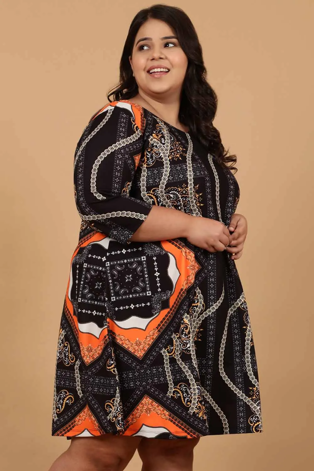 Plus Size Black Baroque Printed Dress