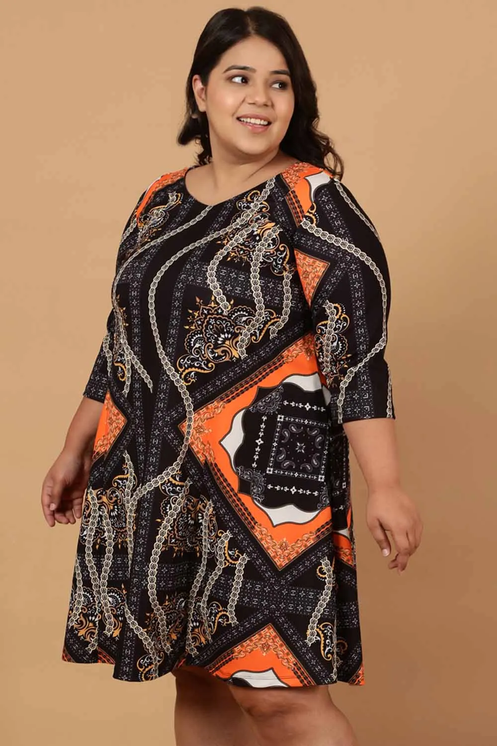 Plus Size Black Baroque Printed Dress