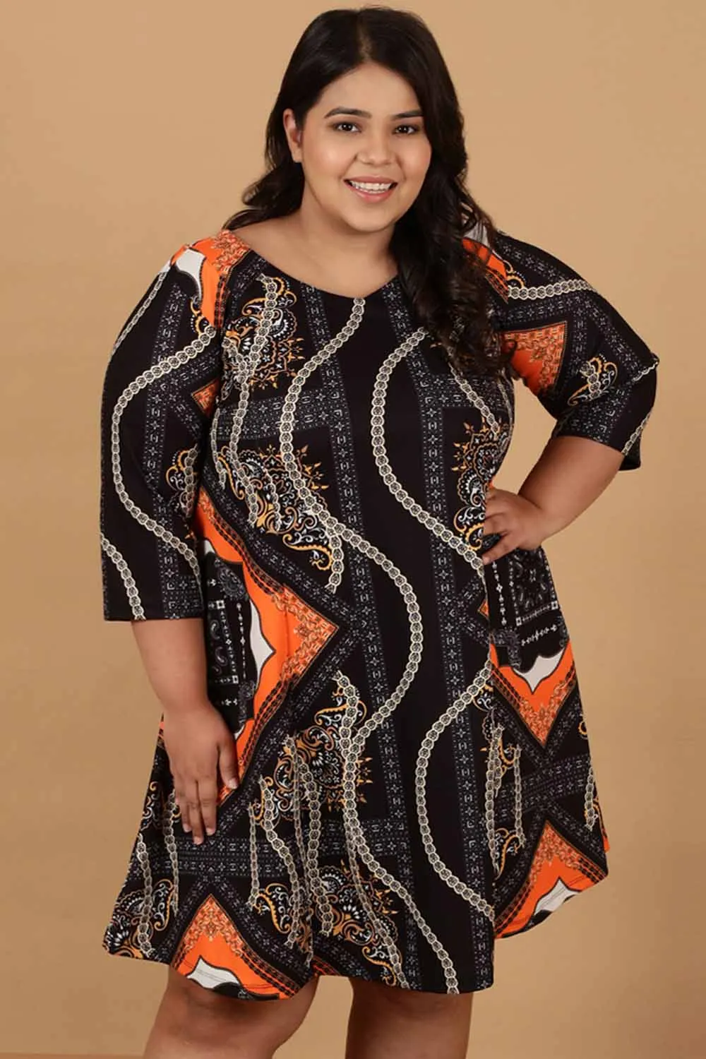 Plus Size Black Baroque Printed Dress