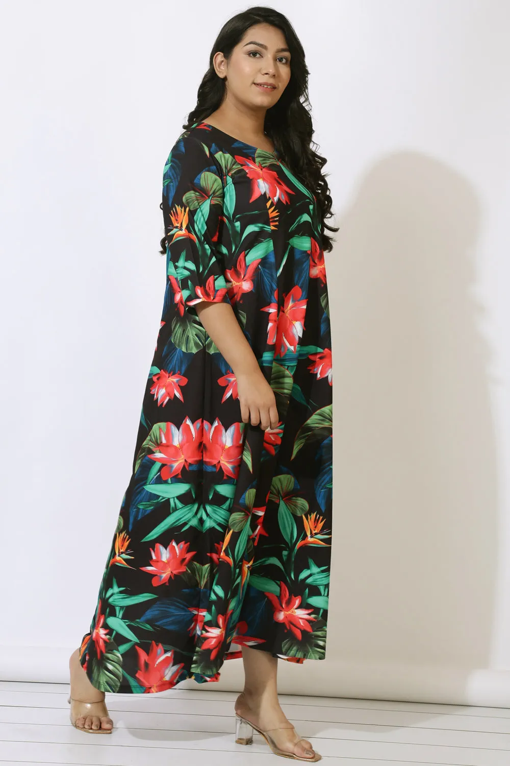 Plus Size Black Tropical Print Maxi Dress