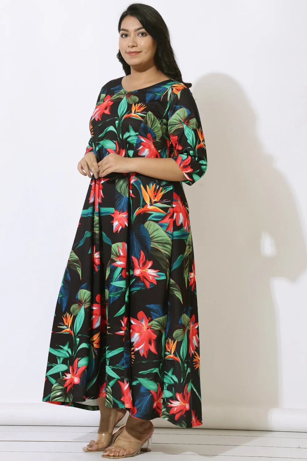 Plus Size Black Tropical Print Maxi Dress