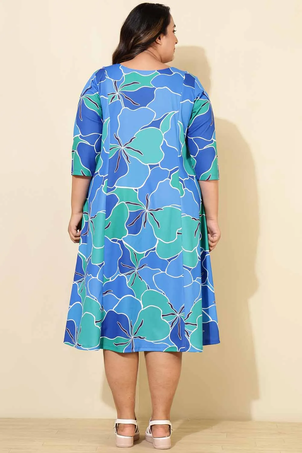 Plus Size Blue Green Abstract A line Dress