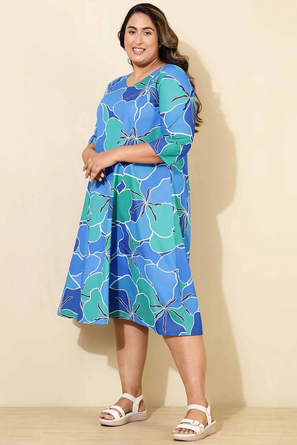 Plus Size Blue Green Abstract A line Dress