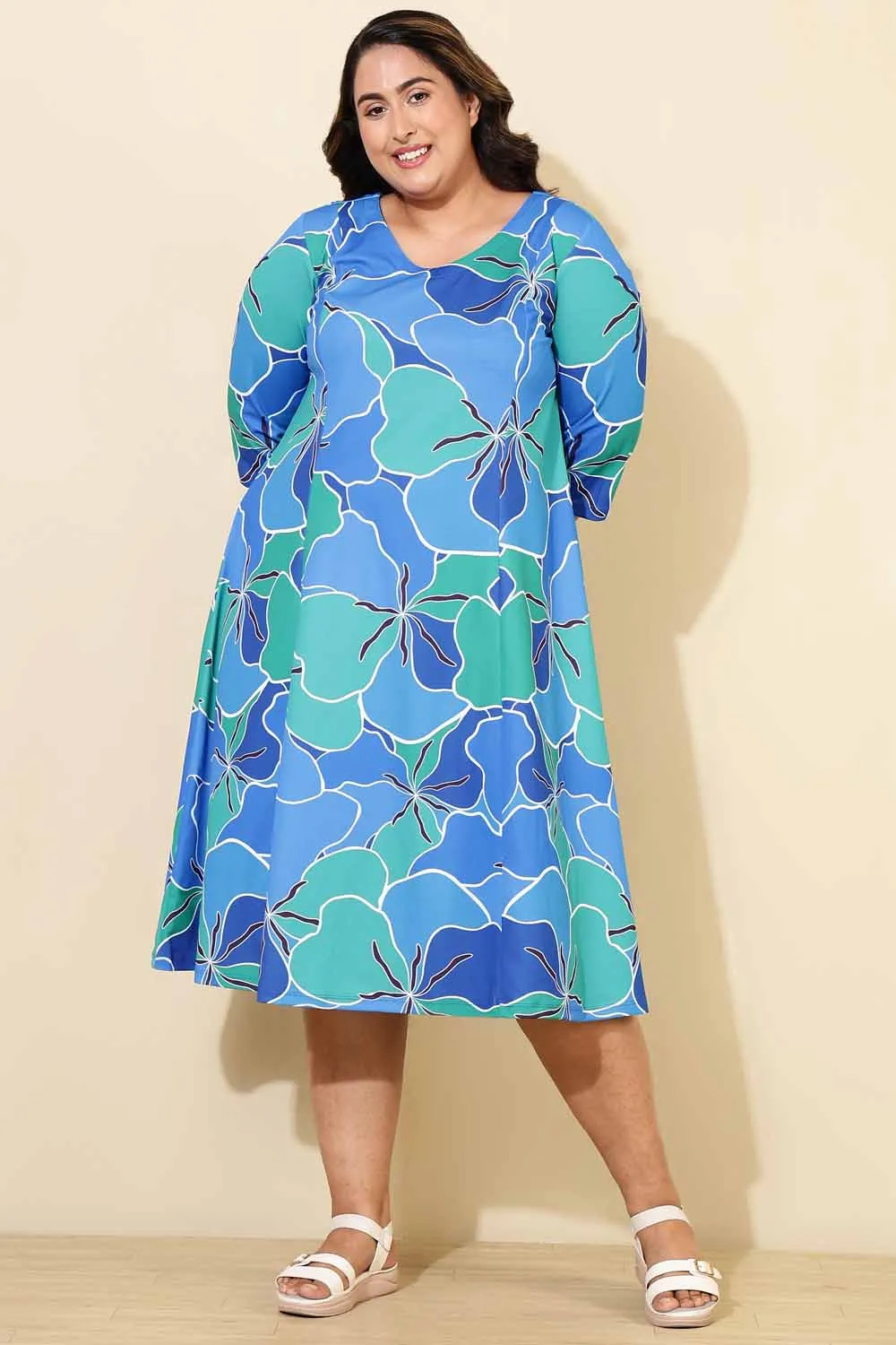 Plus Size Blue Green Abstract A line Dress