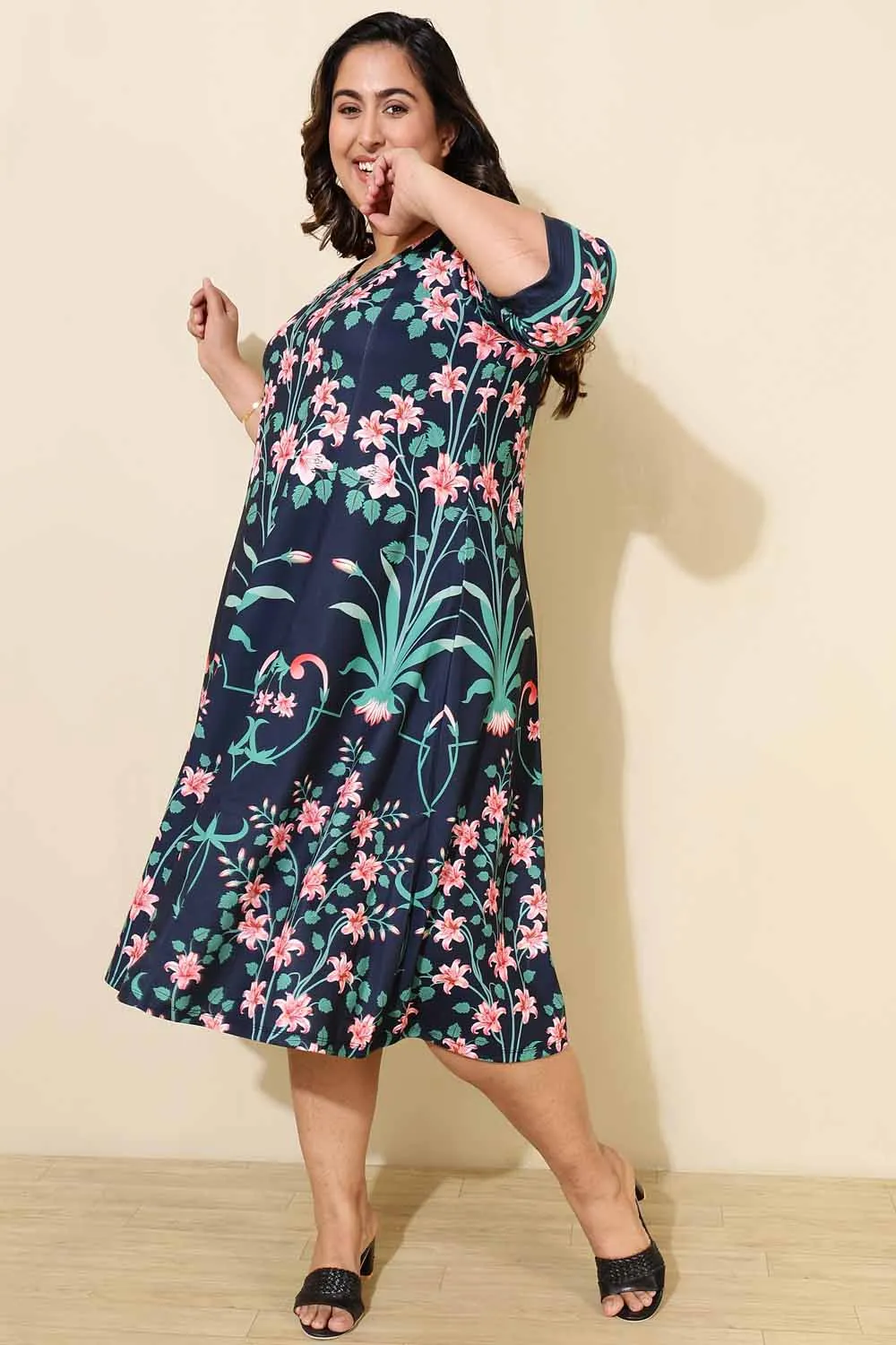 Plus Size Blue Green Floral A Line Dress