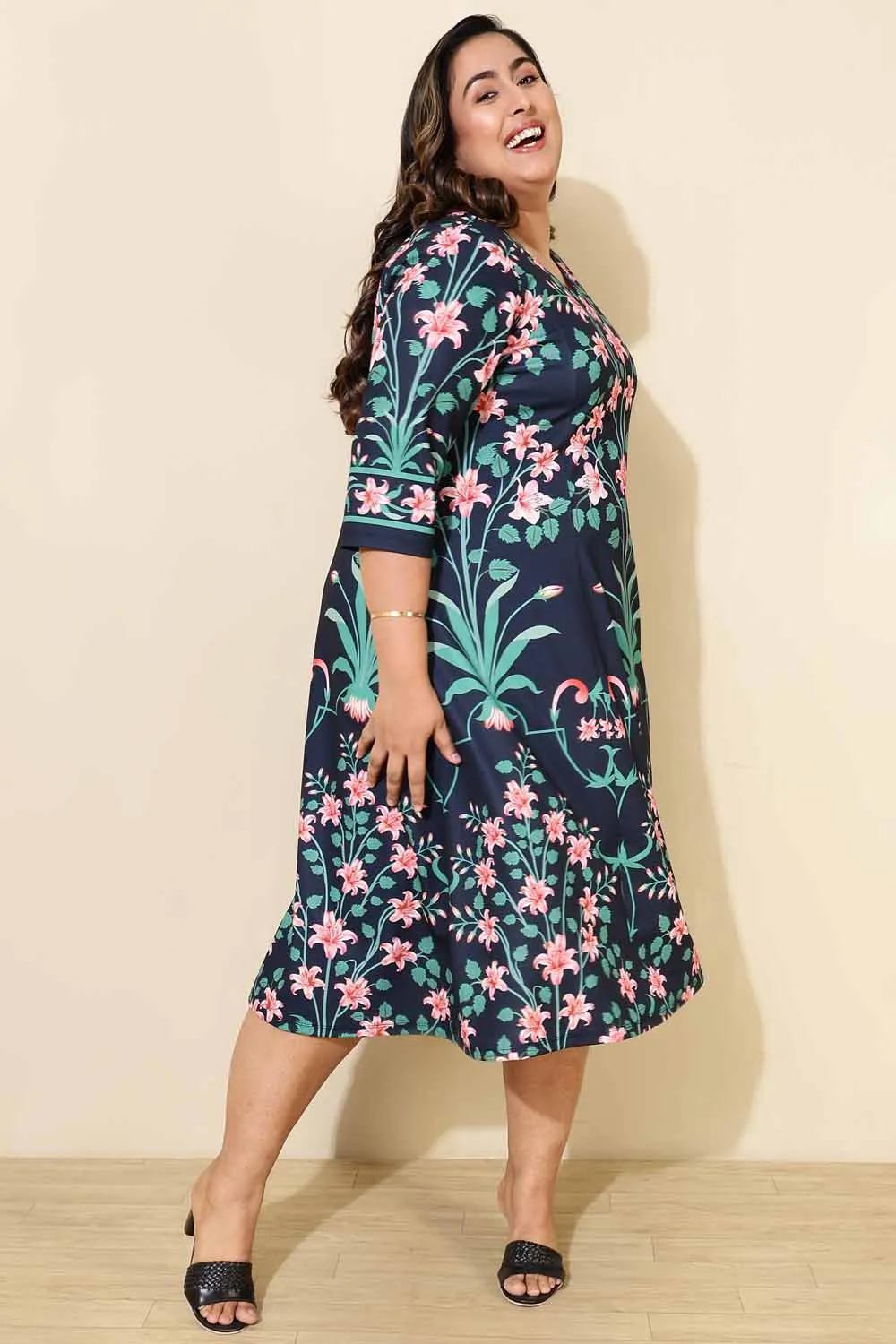 Plus Size Blue Green Floral A Line Dress