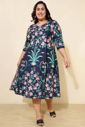 Plus Size Blue Green Floral A Line Dress