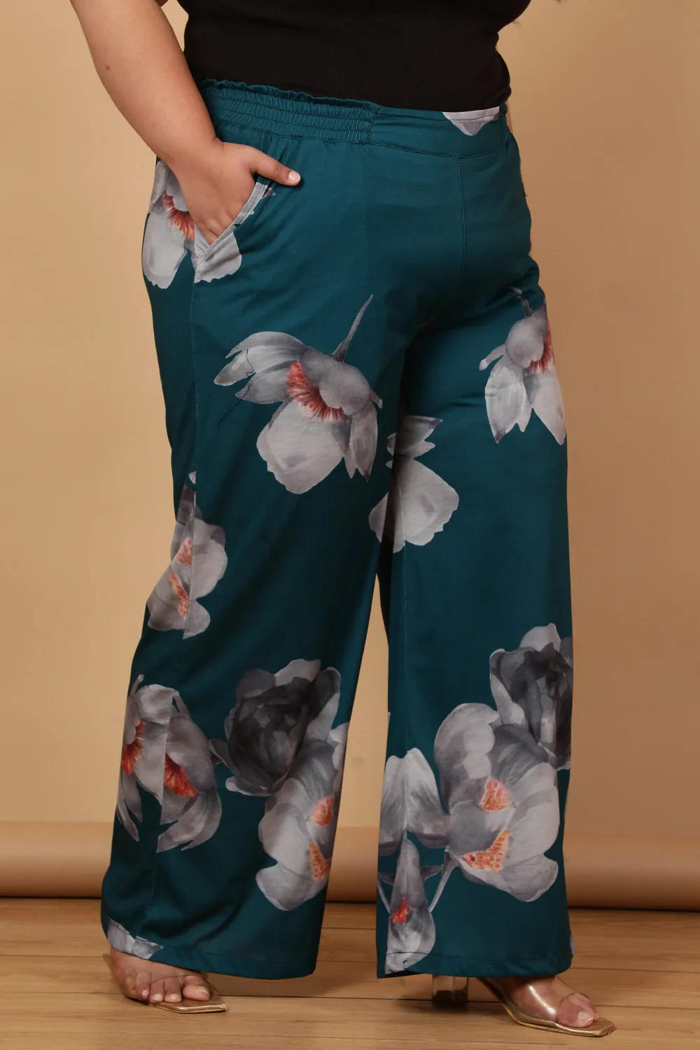 Plus Size Dark Green Floral Printed High Waist Pants