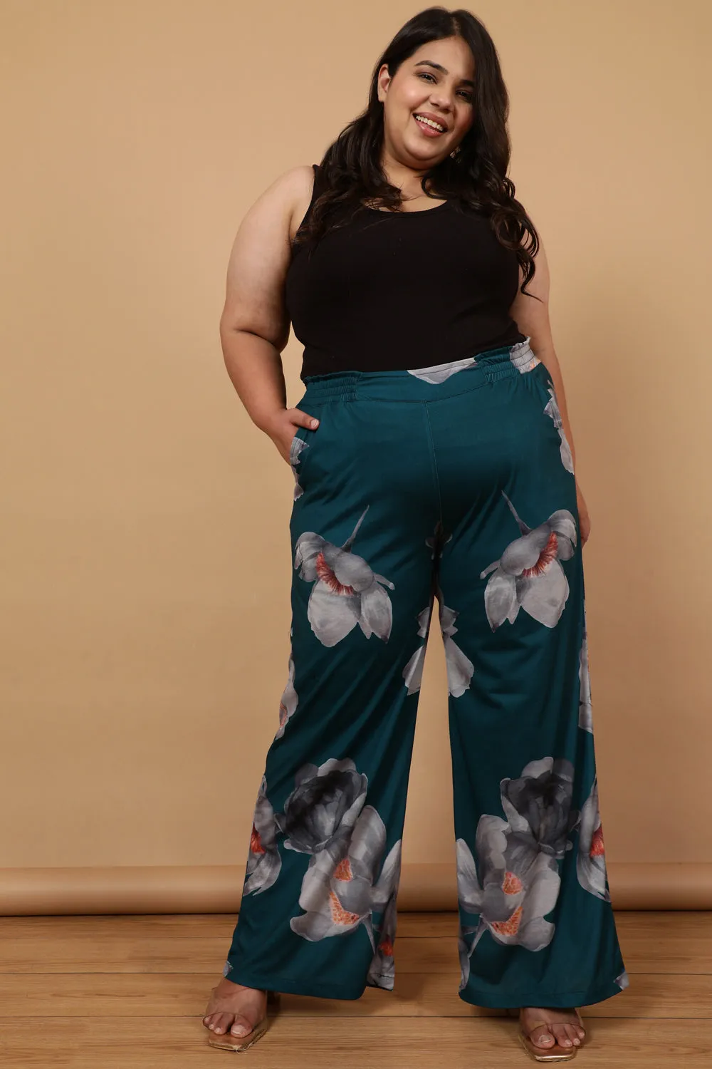 Plus Size Dark Green Floral Printed High Waist Pants