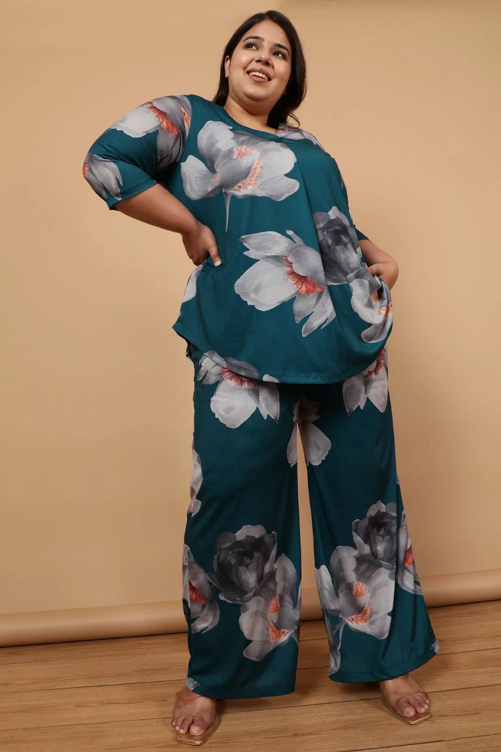 Plus Size Dark Green Floral Printed High Waist Pants