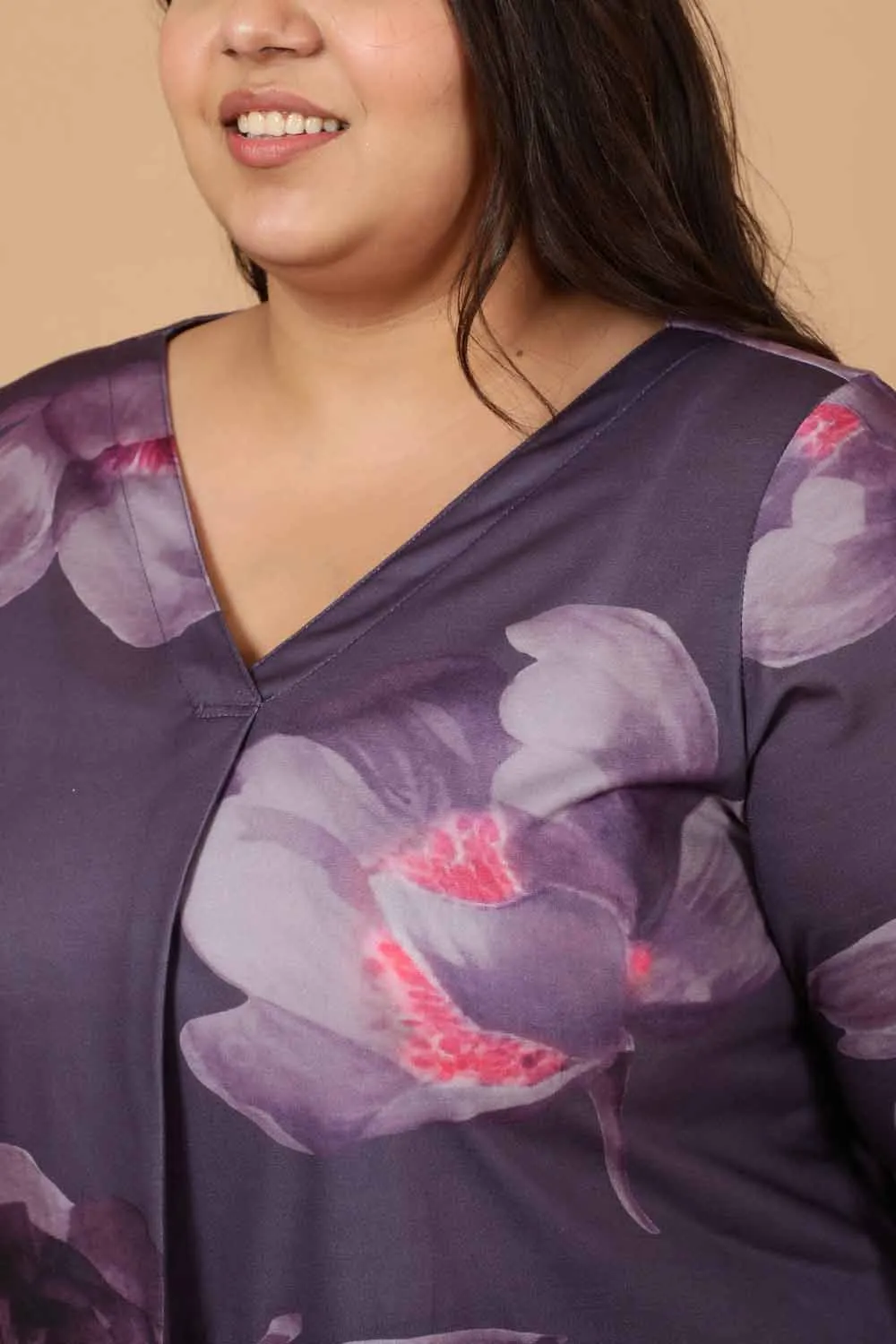 Plus Size Purple Floral Printed Centre Pleat Top