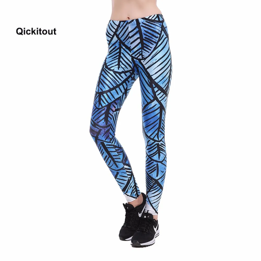 Qickitout Women Leggings Blue background Black Line Striped Printed Casual Style Long Pants High Waist Fashion Spring Pants