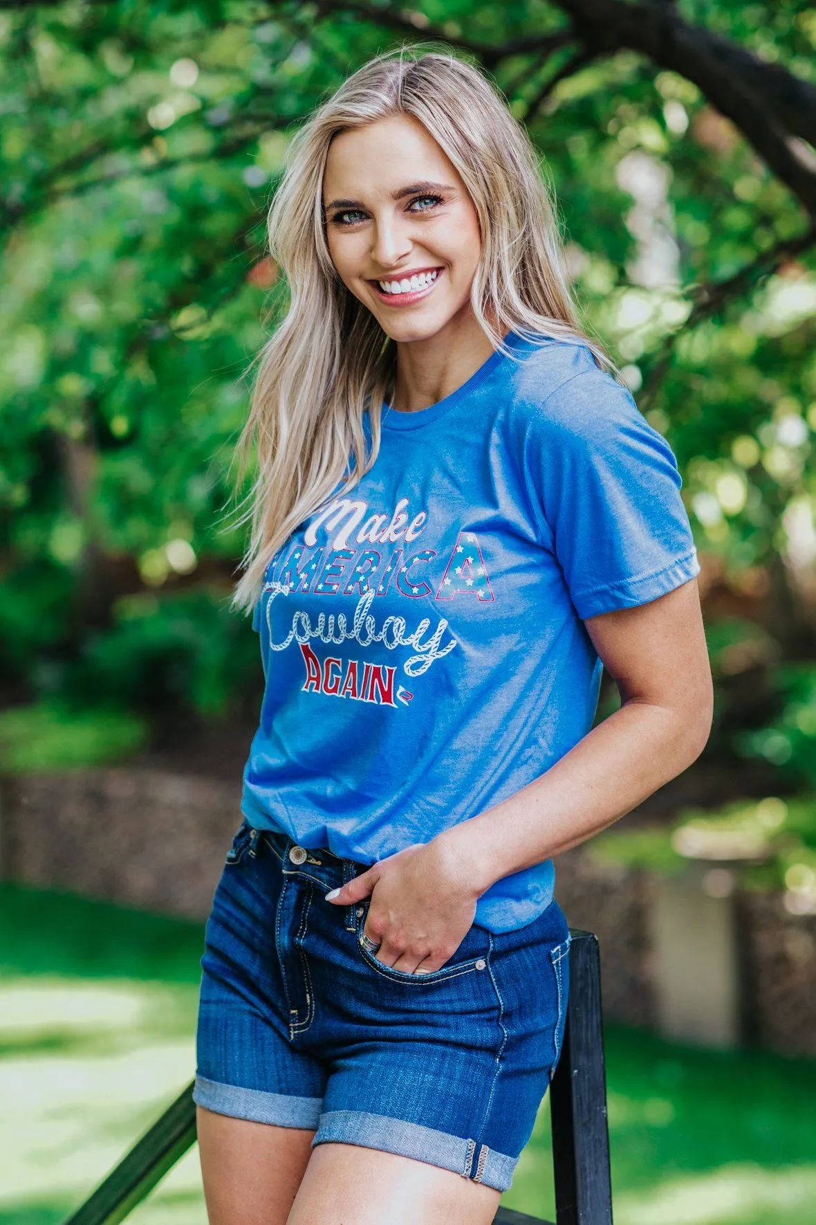 "Make America Cowboy Again" saying Short Sleeve Top in Blue