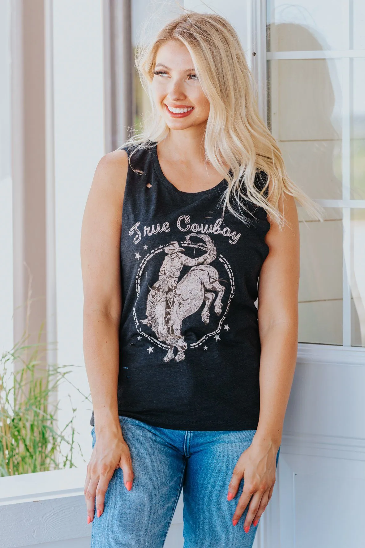 "True Cowboy" Laser Cut Detail Tank Top in Black