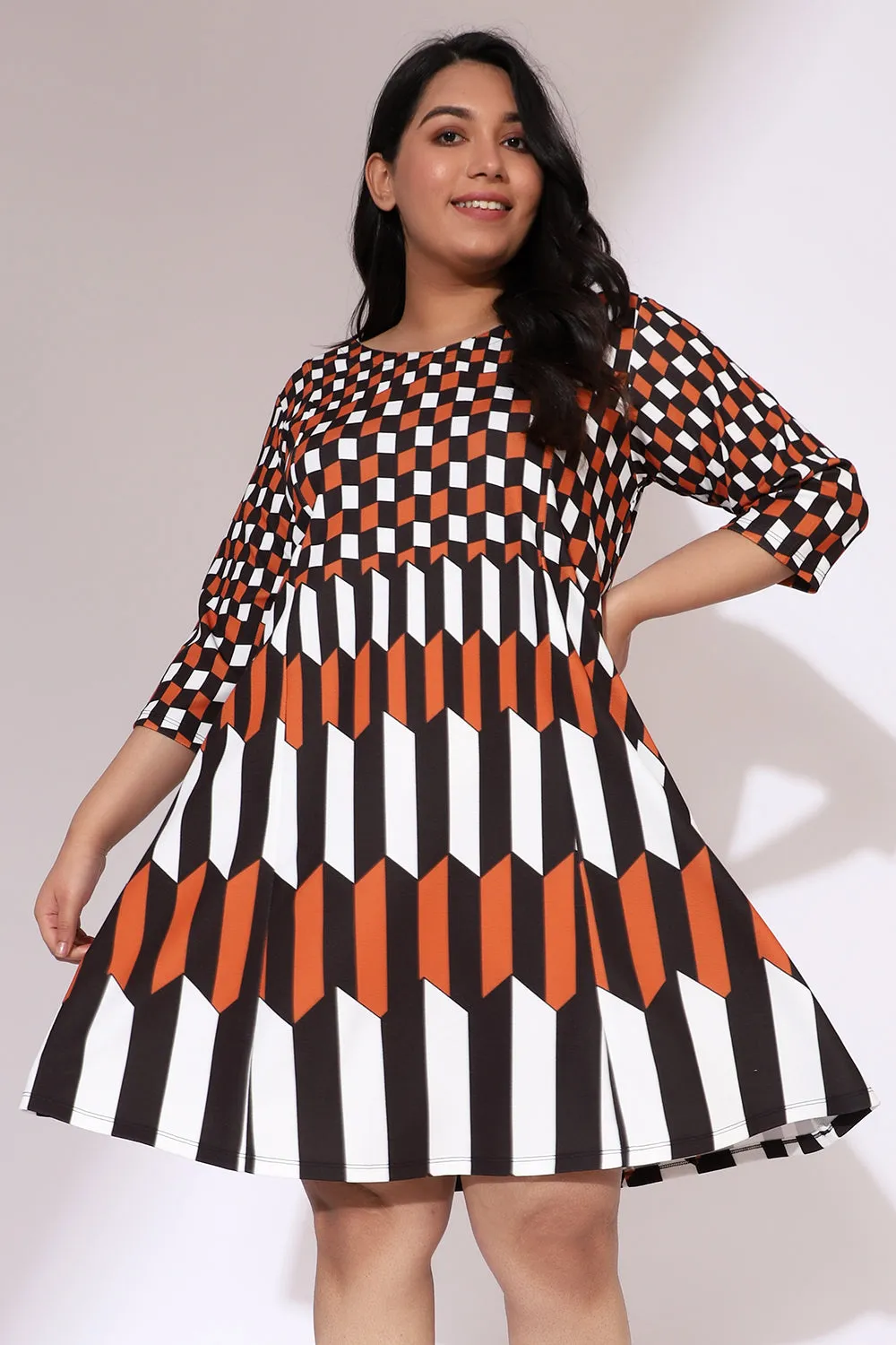 Tan Black Chevron Play Printed Dress